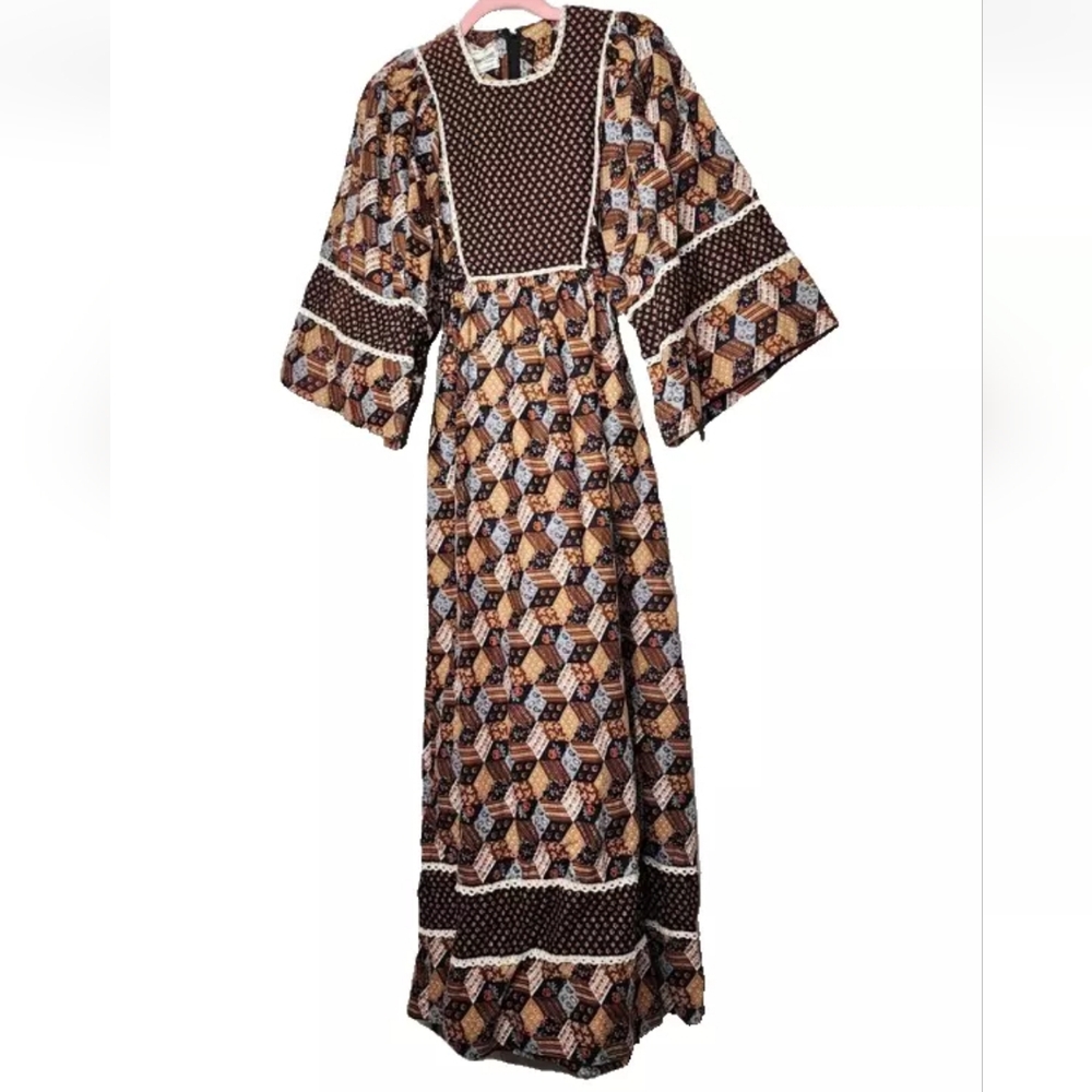 1970s Young Innocent by Arpeja Vintage Patchwork Print Maxi Dress Size S